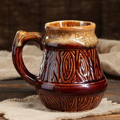 Керамика ручной работы Пивная кружка "Бочка", коричневая, пена, 1 л