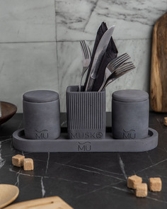 Набор для кухни #02 (поднос, стакан, банка с крышкой - 2 шт.), бетон, черный матовый Musko Home