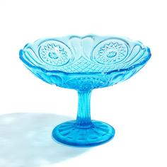 Конфетница круглая на ножке с рельефным геометрическим декором, купоросное стекло, резьба Однажды