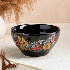 Керамика ручной работы Салатник, темно-коричневый с деколью, 0.8 л, микс