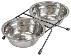 Миска Homepet металлическая двойная на подставке для домашних животных 14 см, 2 х350 мл