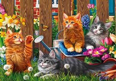 Алмазная мозаика, Рыжий кот, Игривые котята в цветочном саду, ACH042 30х40 см