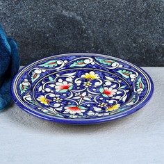 Тарелка Риштанская Керамика "Цветы", синяя, плоская, 17 см No Brand