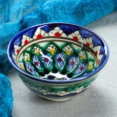 Пиала Риштанская керамика "Цветы", 8,5 см, малая коньячная, микс Шафран