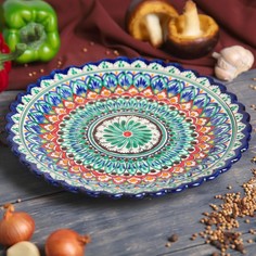 Тарелка Риштанская Керамика "Цветы", синяя, рильефная, 25см Шафран