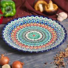 Тарелка Риштанская Керамика "Цветы", синяя, рильефная, 25см Шафран