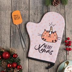 Новогодний набор подарочный Merry Xmas варежка-прихватка, лопатка силикон Доляна
