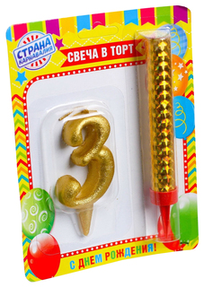 Свеча для торта цифра "Овал + фонтан" золотая "3" Sima-Land