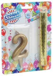 Свеча для торта цифра "Овал + фонтан" золотая "2" Sima-Land
