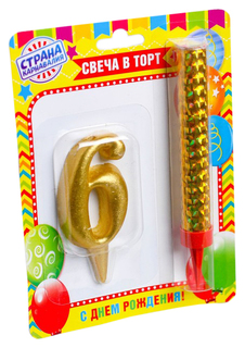 Свеча для торта цифра "Овал + фонтан" золотая "6" Sima-Land