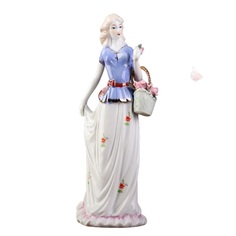 Сувенир керамика "Девушка в юбке в цветах с корзиной" бело-голубая 31х12х9 см No Brand