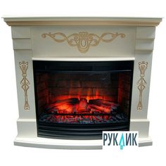 Электрокамин Inter Flame Ильдаго бежевый с золотой патиной с очагом Panoramic 25-30 LED 3D