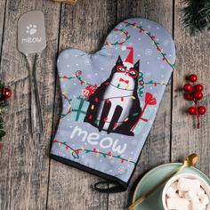 Новогодний набор подарочный "Meow" варежка-прихватка, лопатка силикон No Brand
