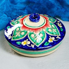 Масленка Риштанская Керамика "Цветы", 17 см, синий No Brand