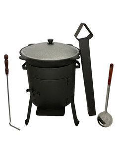 Набор "Дачный 3": Казан чугунный 10 л, печь с дверцей и трубой GF-T10, Шумовка, Кочерга Grand Fire