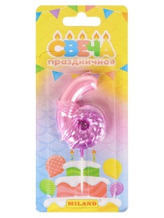 Свеча для торта Miland Русалка, розовая, цифра 6 на блистере, 14x9,5x1,5 см, 1584329