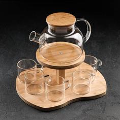Набор чайный на деревянной подставке «Эко», 6 предметов: чайник 1,1 л, 5 кружек 120 мл No Brand