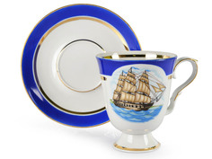 Бокал с блюдцем, чайная пара Дулево, Классический Морской, 600 мл., фарфор