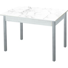Стол обеденный Катрин Альфа с фотопечатью, бетон белый, белый мрамор, опора квадро серебристый металлик Katrin