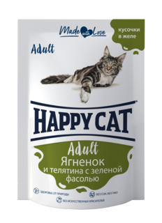 Влажный корм для кошек Happy Cat, фасоль, ягненок, телятина, 24шт по 100г