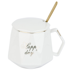 Кружка фарфоровая с крышкой и ложкой Happy day (белая) v=420 мл KENG-1060061-1 Nouvelle Home
