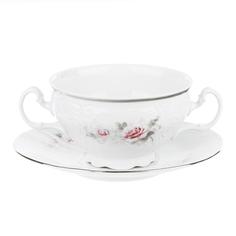 Чашка Thun Бледные розы отводка платина с блюдцем для бульона с ручками 18 см
