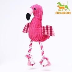 Игрушка мягкая для собак "Фламинго" с пищалкой и канатом, 37 х 16 см, розовая Пижон
