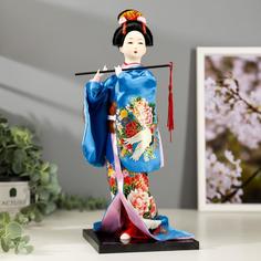 Кукла коллекционная Японка в шелковом голубом кимоно с флейтой 30х12,5х12,5 см No Brand