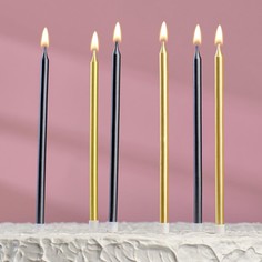 Свечи в торт "Ройс", 6 шт, высокие, 13 см, чёрные и золотые Страна Карнавалия
