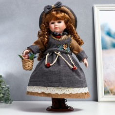 Кукла коллекционная керамика Юлечка в светло-карамельном платье и в шляпке 40 см No Brand