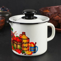 Кружка с носиком, 1 л, с крышкой, деколь МИКС, цвет белый Керченская эмаль
