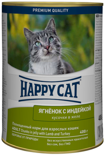 Влажный корм для кошек Happy Cat, ягненок, индейка, 12шт по 400г