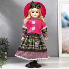 Кукла керамика, Блондинка с кудрями, розовая шляпка и свитер 40 см No Brand