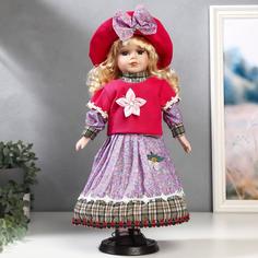 Кукла керамика, Блондинка с кудрями, розовая свитер, юбка сирень 40 см No Brand