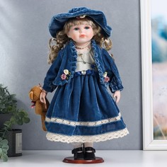 Кукла керамика, Настенька в синем бархатном платье, с мишкой 40 см No Brand