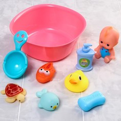 Игрушки для ванной Крошка Я Игры малыша, в сетке, 8 предметов и тазик