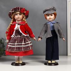 Кукла Парочка, 2 шт, Лиза и Леша в нарядах клеточку 40 см No Brand