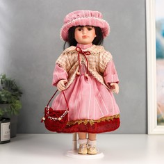 Кукла керамика, Ксюшенька в платье клетку цвета пыльной розы 40 см No Brand
