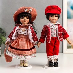 Кукла Парочка, 2 шт, Наташа и Олег в розово-бордовых нарядах 30 см No Brand