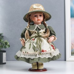 Кукла керамика, Людочка в зеленом платье с цветами, шляпке 30 см No Brand