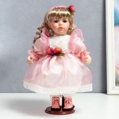 Кукла керамика, Флора в бело-розовом платье и лентой на голове 30 см No Brand