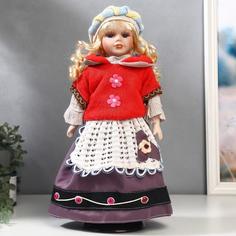 Кукла керамика, Блондинка с кудрями, алый свитер цветочками 40 см No Brand