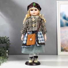 Кукла керамика, Блондинка с кудрями, клетчатый зеленый пиджак 40 см No Brand