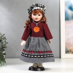 Кукла керамика, Рыжая в бордовой кофте и юбке клетку 30 см No Brand
