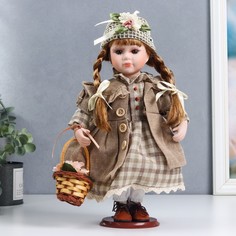 Кукла керамика, София в песочном пальто, платье клетку 30 см No Brand