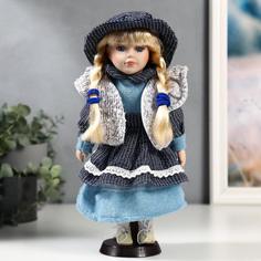 Кукла керамика, Есения в синем платье и сером кардигане 30 см No Brand