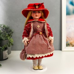 Кукла керамика, Машенька в коралловом платье и бордовом жакете 40 см No Brand