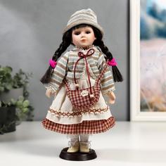 Кукла керамика, Василиса в белом платье с деталями клетку 30 см No Brand