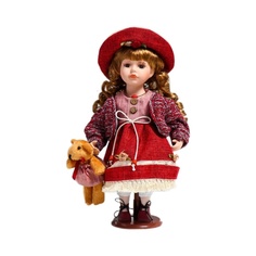 Кукла коллекционная КНР керамика, Элла в бордовом платье, шляпе и с мишкой 30 см
