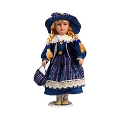 Кукла коллекционная КНР керамика, Сашенька в ярко-синем наряде в клетку 40 см